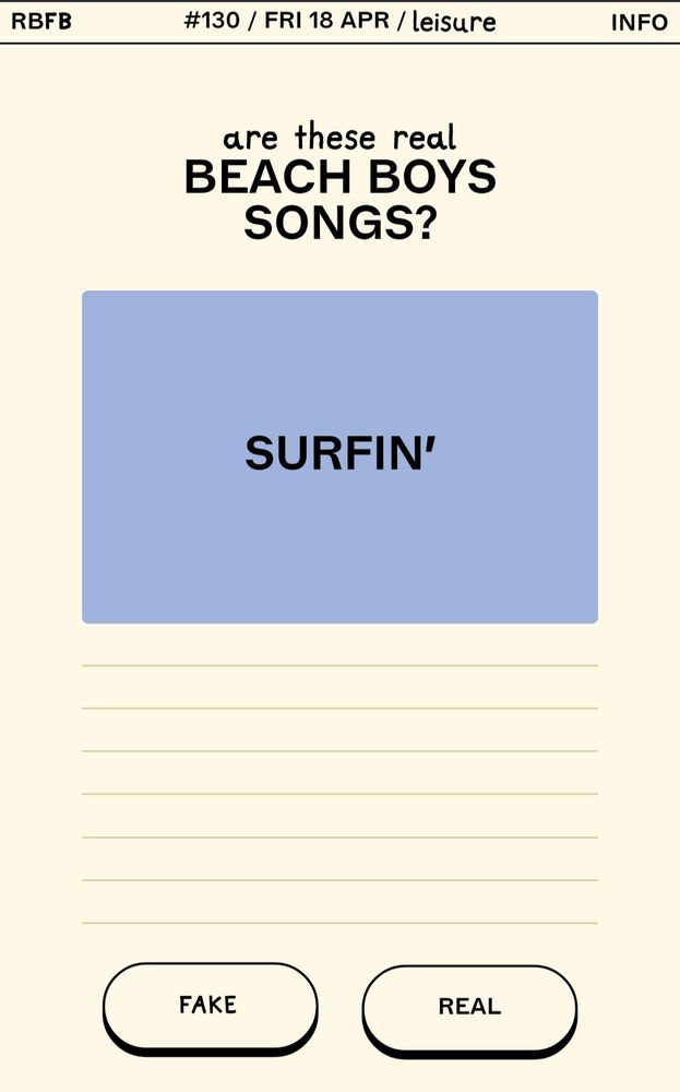Screenshot of the game: "Are these Real BEACH BOYS SONGS?" First clue: "Surfin'".