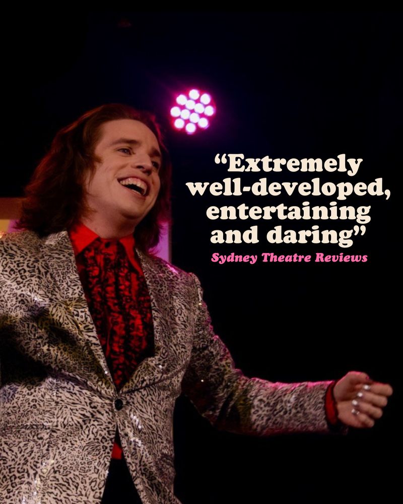 Me on stage smiling, text reads "Extremely well-developed, entertaining and daring" — Sydney Theatre Reviews.