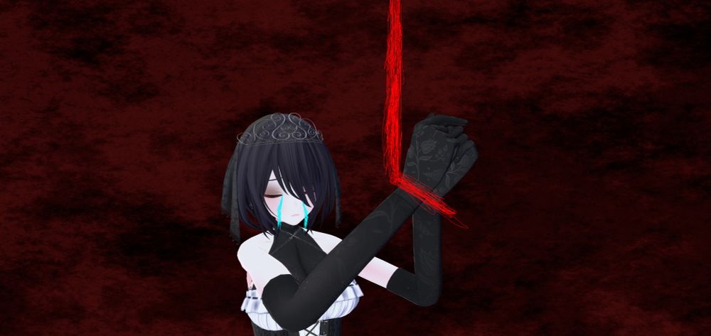 The doll's hands are being tied up with bright red rope, she cries. Dark, red clouds circle around her.