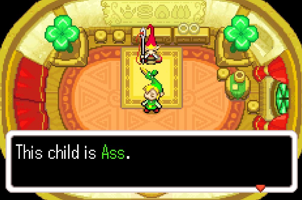 Minish cap screenshot that just says "This child is Ass." with a very smug looking Ezlo saying it