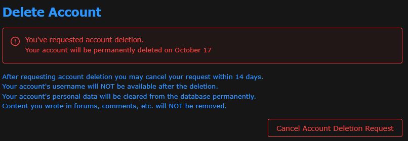The account deletion confirmation on RetroAchievements 