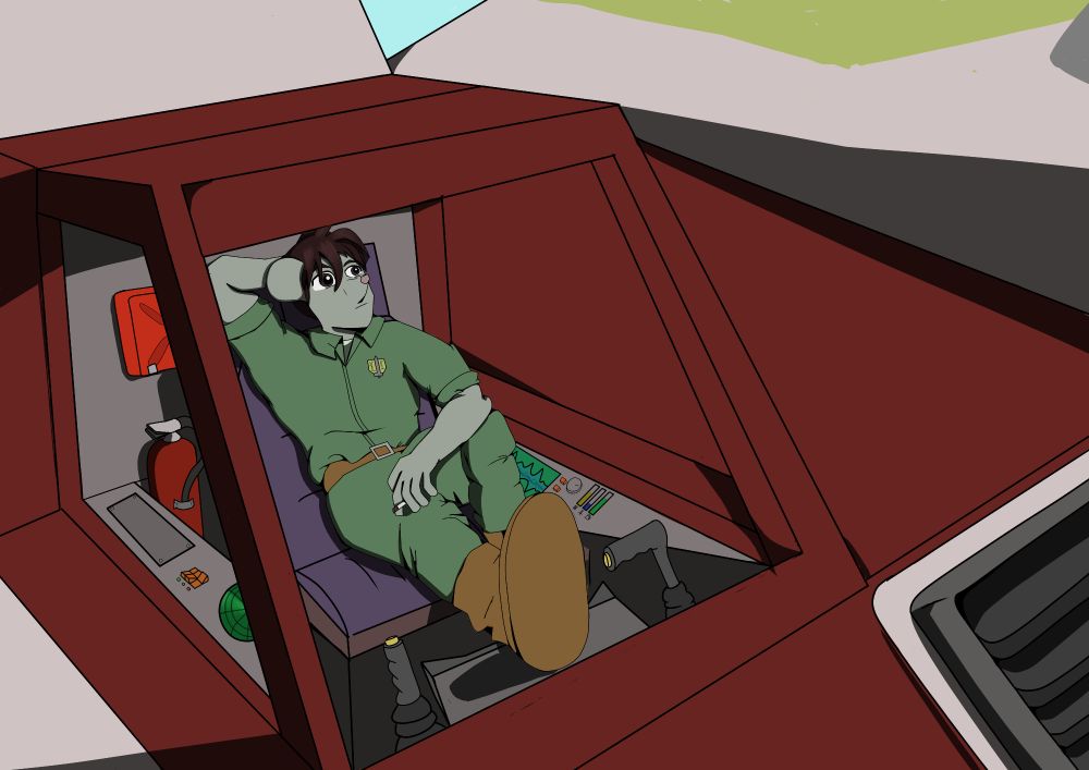 A mouse sitting in a mech cockpit with his foot propped on the dash. In his hand is a smoldering cigarette, He is wearing green fatigues with the words "Sword Squad" on a patch. He is looking out the window of his red and white mech. A vent can be seen in the bottom right while behind him are various equipment such as gas and fire extinguishers. His consoles are lit with various dials, switches, and displays.