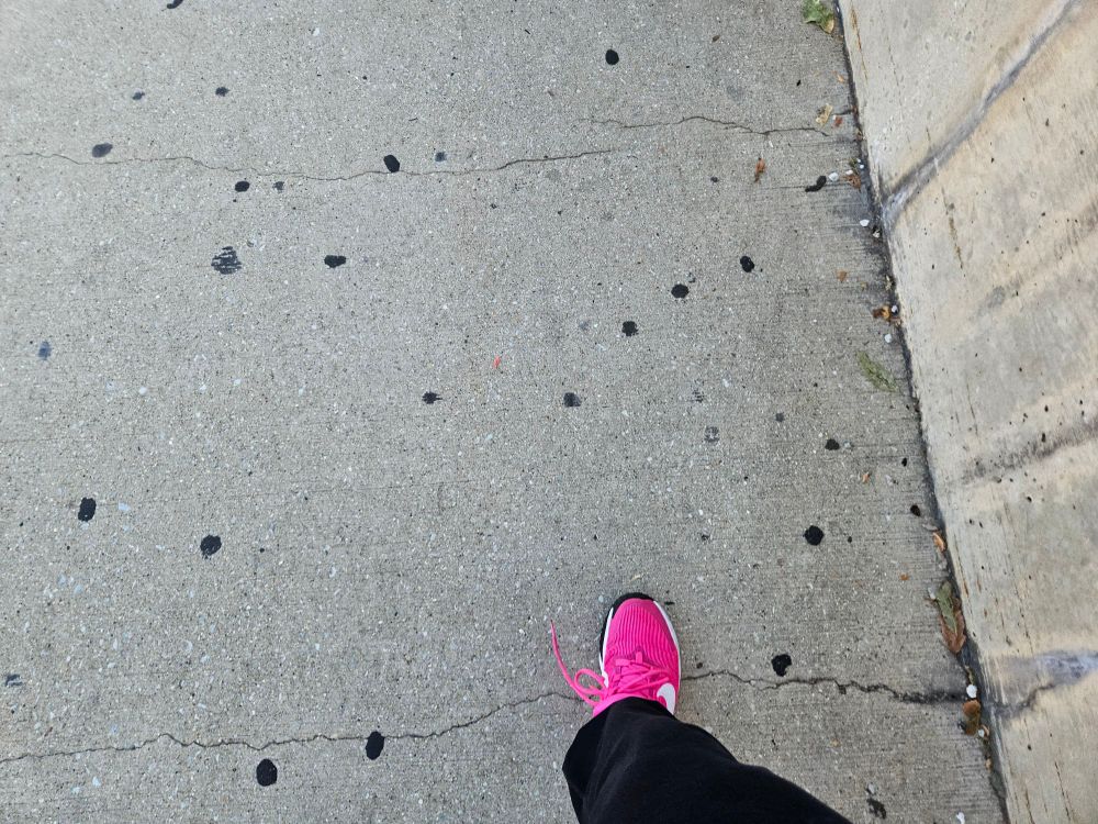 A pink sneaker walking on cracked concrete. 