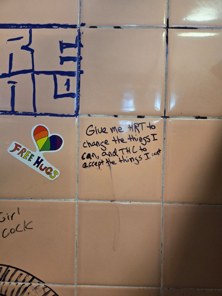 Graffiti on the wall at the Black Hart restroom says Give me HRT to change the things I can and THC to accept the things I can't