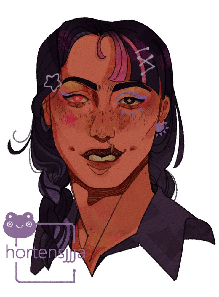 A color sketch portrait of a smiling feminine Colombian character with an unilateral cleft lip scar on her left. She has dark braids with purple and pink streaks, angular eyebrows, heterochromia (pink and black with a star-shaped pupil). Her make-up is colorful; pink-gold eyeshadow with purple eyeliner and a pink star marking on her right cheek. Her left ear is decorated with a spiky heart and her bangs are adorned with clips. She seems to be wearing a dark jacket. The background is white. End ID.