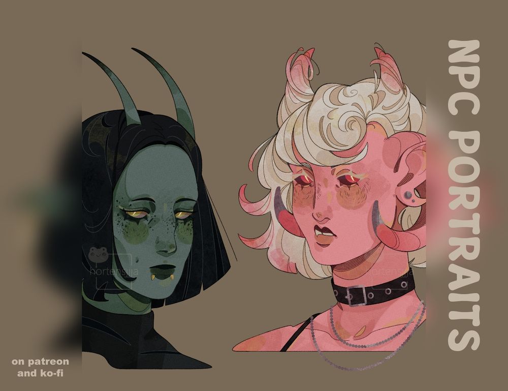 A thumbnail of two digital fantasy portraits with a big off-white caption on the right: "NPC Portraits", while on the left says "on patreon and ko-fi". Two designs are tieflings and their colors are somewhat complementary to each other. The design on the left is a dark green tiefling with straight horns going upwards, black straight hair and yellow eyes. The design on the right is a pink tiefling with ram horns, white wavy hair and red eyes.