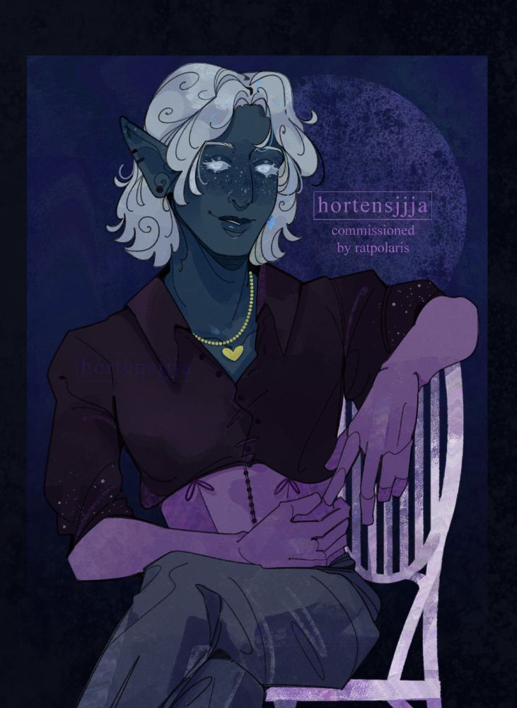 A waist-up digital drawing of a smiling drow sitting on a white chair, with legs crossed and his left arm rests on a top of the chair. The hair is medium-lenght and white, and the eyes are very pale, looking at the camera. Starry freckles decorate his face. They're dressed in a black shirt with a purple corset and long gloves; The pants are gray-blue. They also wear a gold necklace with a heart.
The background is dark blue with a vague moon behind the character. There's a purple next to their face: "hortensjjja, commissioned by rat polaris". End ID.