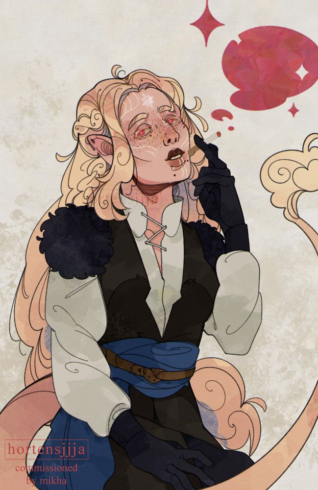 A digital artwork of an elven character with pale complexion and long blonde hair, sitting with one hand on their thigh while smoking. They have enchanting pink eyes, their face are decorated with white markings, including a star-shaped scar on their head, freckles and a mole under their lips on their right. Their thick tail wraps around and has a fluffy tip going upwards. Their outfit is simple: a white shirt with a dark brown vest, wrapped in a blue scarf belt, dark fur pads resting on their shoulders, and black gloves.
The background is white with some dirty speckles in the bottom. There's a stylized smoke coming out of their cigaratte. It's pink as their eyes and some shapes are starry. End ID.