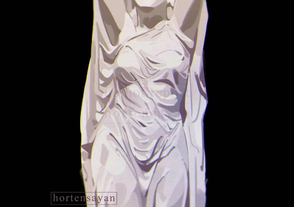 A digital half-body painting of a white-colored statue soaked in water with their arms up while their face can't be seen on the artwork. The background is pure black. End ID