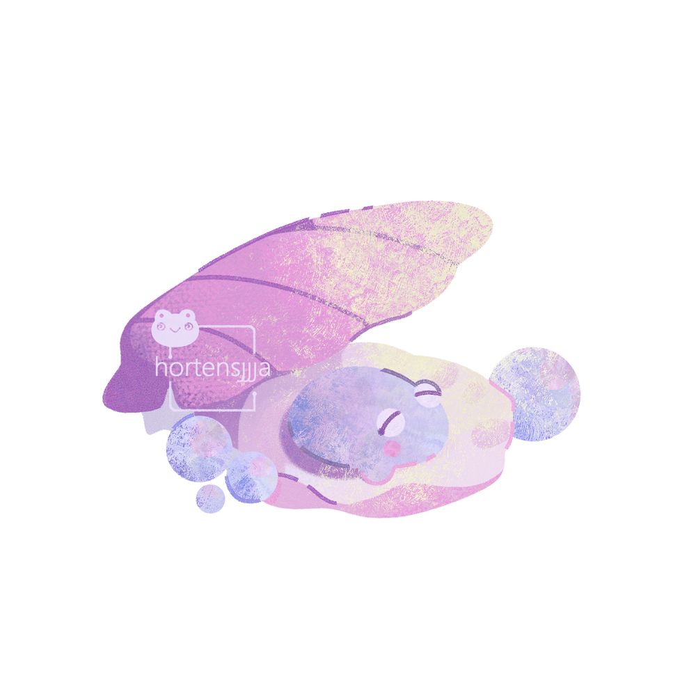 A digital drawing of an iridescent pearl frog chilling on open pink seashell surrounded by a few pearls. The background is white.