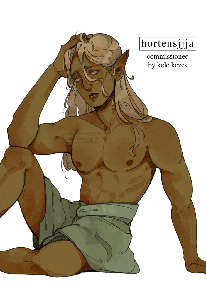 A waist-up colored illustration of a rather muscular masculine character with brass brown complexion, striking blue eyes and long blonde hair, sitting on a ground with one leg up while their arm is resting on a knee, with a hand on their head. They look disheveled and confused, and they only have a green towel around their waist. The background is white. There's a watermark in the top right corner: "hortensjjja, commissioned by kelet kezes".