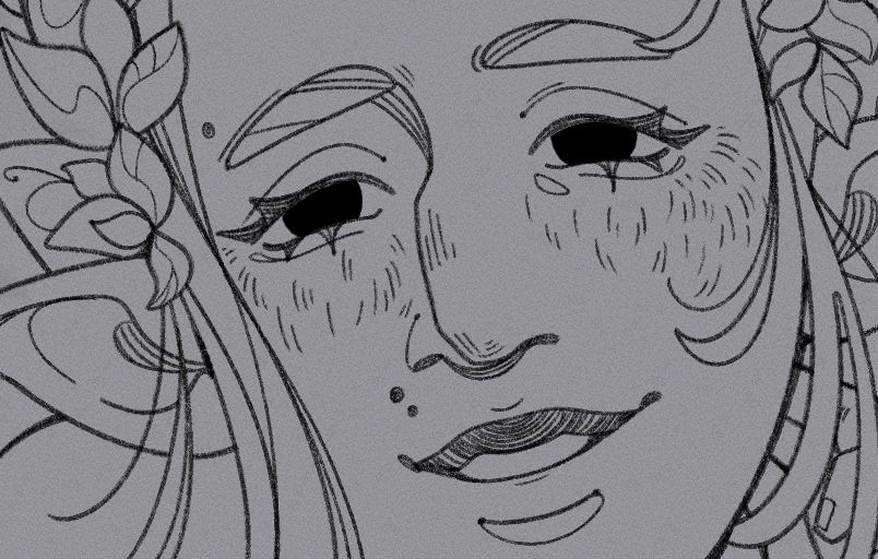 A sneak peek WIP of a lined drawing depicting a smiling feminine face with elven ears.