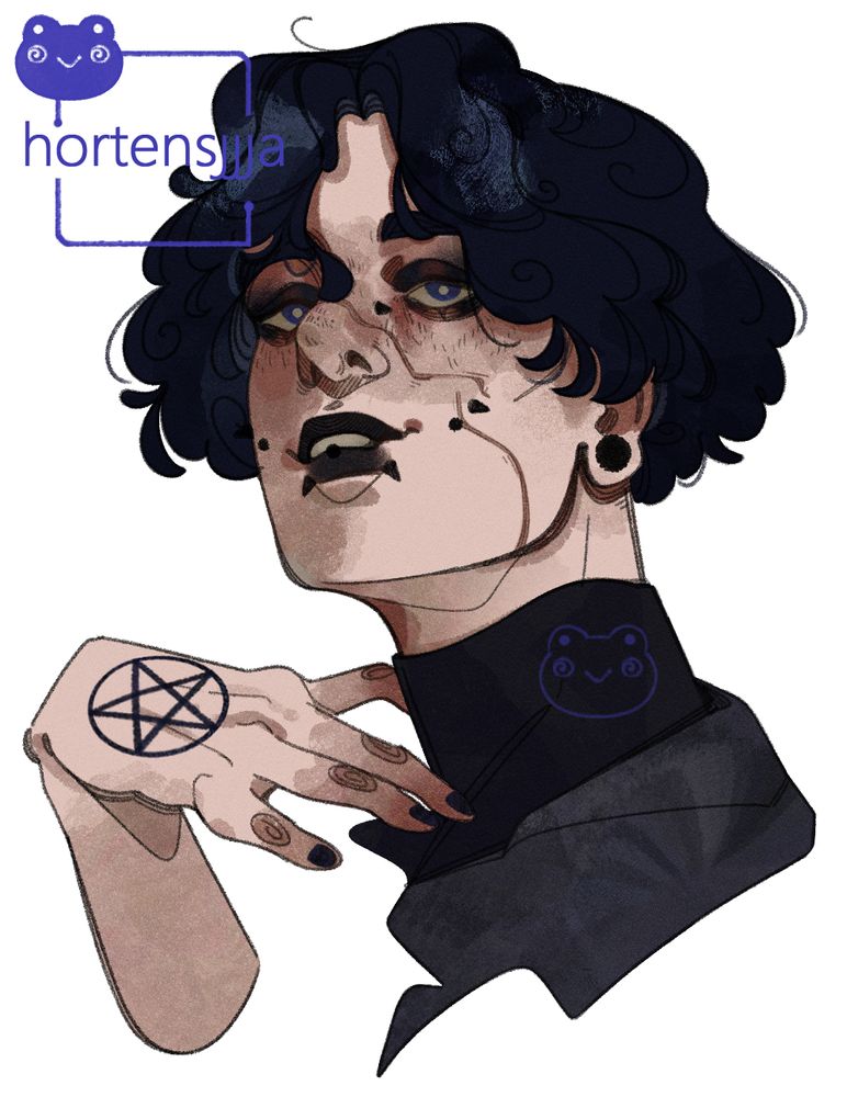 A color sketch portrait of an androgynous-looking young man with a smile showing his teeth, slightly facing left. His eyes are dark blue and seem tired, eyelids are painted with black shadow, same with his thin lips. He wears different face piercings, including snake bites and bridge. He also wears tunnel earrings. There's a scar across his face. He has short wavy black hair with curtain bangs. The black turtleneck decors his neck, with a dark gray jacket. He has a hand close to his neck and it's tattooed with a pentacle. The background is white. End ID.