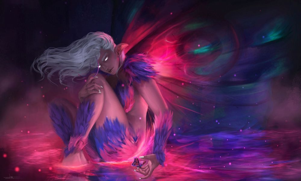 Moth woman in a magic lake.