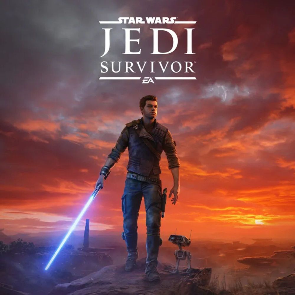 Star Wars Jedi: Survivor key art and logo featuring Cal Kestis with a blue lightsaber and BD-1 by his side. The Mantis is also visible in the background.