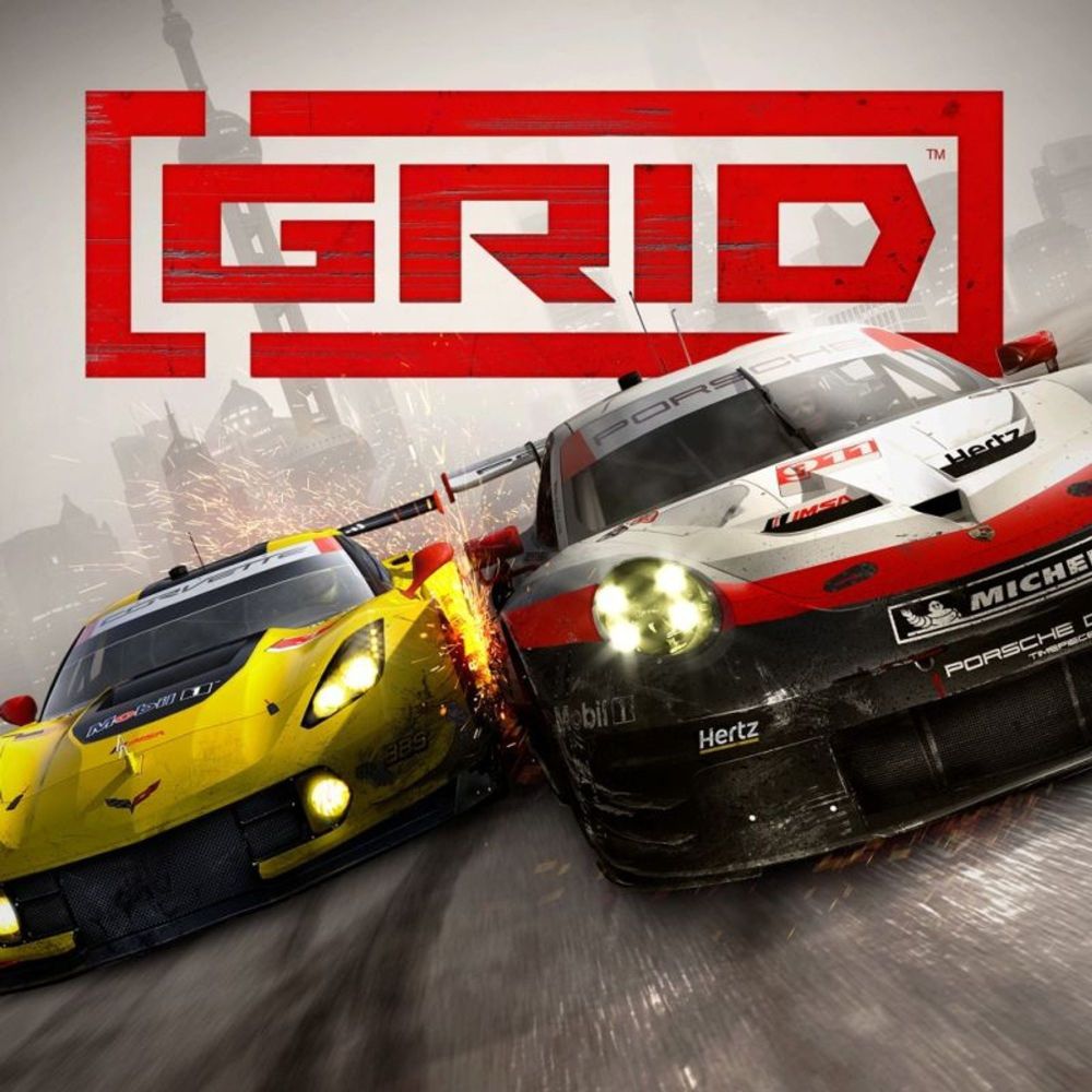 GRID (2019) cover art and logo, featuring 2 cars racing side by side with sparks from a minor collision. The Shanghai skyline is visible in the background.