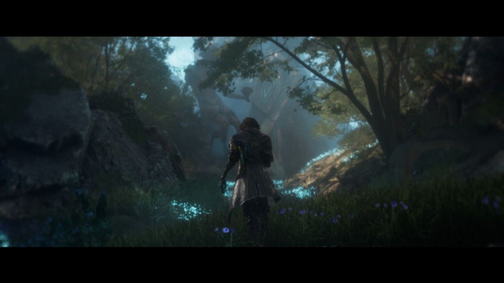 Gustav from Clair Obscur: Expedition 33, clutching his chest as he faces into a forest.