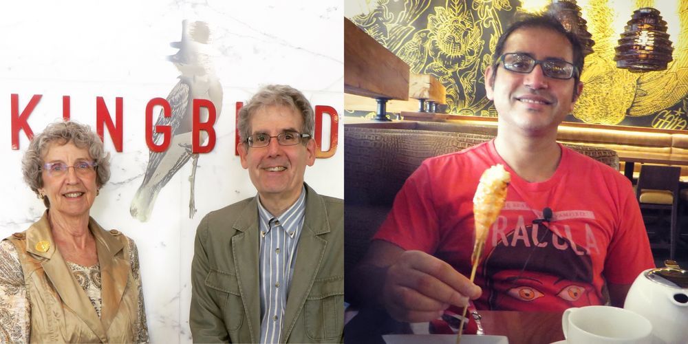 Two photos: on the left, me and Cynthia standing before the sign for Kingbird, which was the restaurant at the time within the Watergate Hotel, and on the right, Usman across the table from me, holding up a grilled shrimp on the end of a skewer.