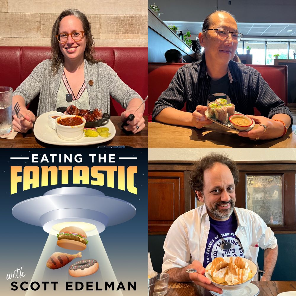 A two-by-two grid of images showing, from upper left: Aimee Ogden across the table from me seen over her plate of BBQ; Curtis C. Chen across from me holding up a plate of brisket spring rolls with a bowl of peanut sauce; Benjamin Rosenbaum with a bowl of banana pudding, and the Eating the Fantastic icon showing a flying saucer using its tractor beam to lift a burger, chicken leg, and donut.