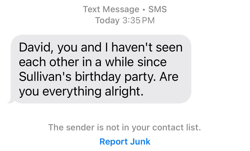 Text Message • SMS
Today 3:35 PM
David, you and I haven't seen each other in a while since Sullivan's birthday party. Are you everything alright.
The sender is not in your contact list.
Report Junk