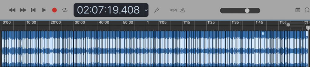 Screen shot of the sound waves of our voices in GarageBand, showing all those snips and a time stamp of 02:07:19.408.