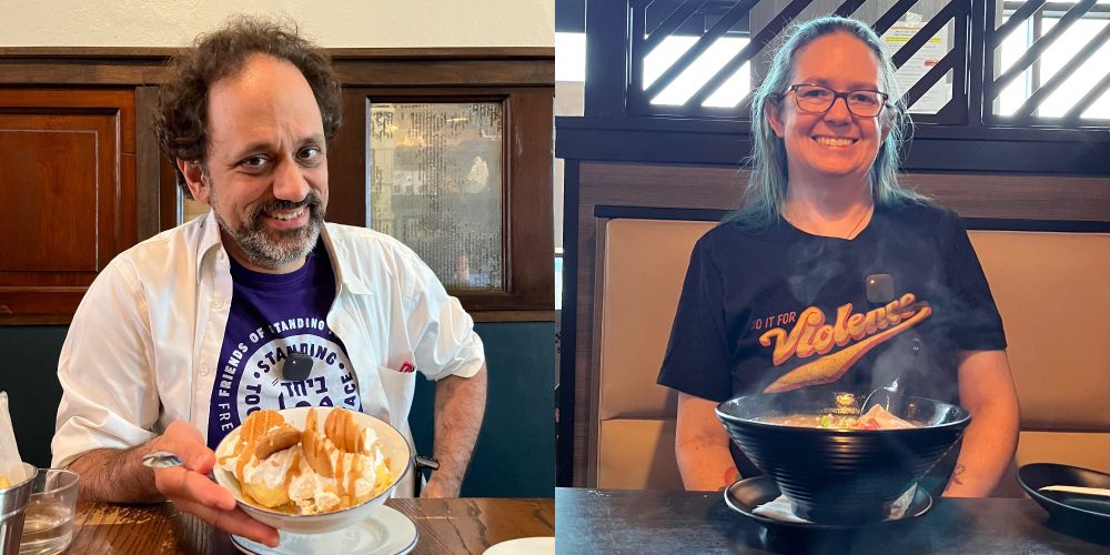 Two photos merged: Benjamin across the table from me displaying our banana pudding dessert, and Mur across the table from me seen through a cloud of steam rising from her bowl of ramen. She’s wearing a DO IT FOR VIOLENCE T-shirt.