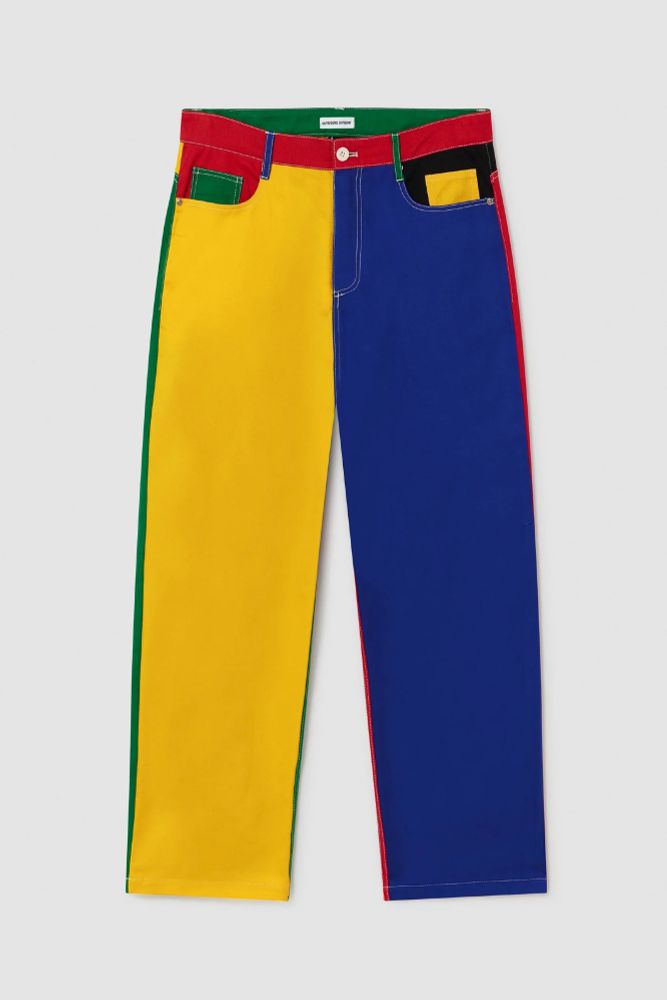 A pair of pants with the left leg yellow, the right leg blue, the left pocket green, the right pocket yellow, and the waist red. The back, not seen, flips all that.