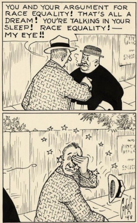 Two panel cartoon, one atop the other. Panel one: A man is hectoring True while poking him in the chest. Word balloon: 