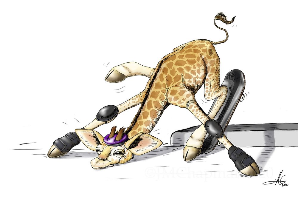 Digital painting of a baby giraffe wearing a helmet and knee pads, falling off a skateboard. 