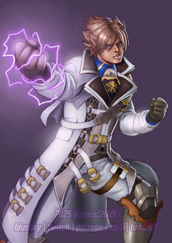 A digitally coloured illustration of Lars from the Tekken series. He's holding out a fist that's cracking with purple lightning. 