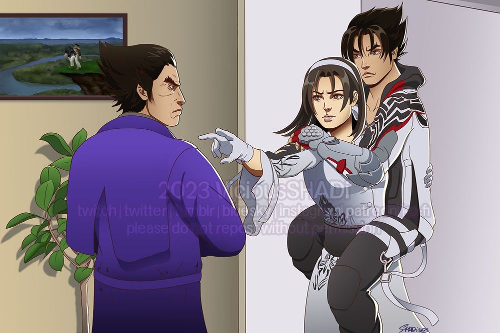 A dugital illustration of a very stern Jun gesturing menacingly at Kazuya as Jin clings onto her. Kazuya has his arms crossed and looking displeased. Please look at the painting in the background.