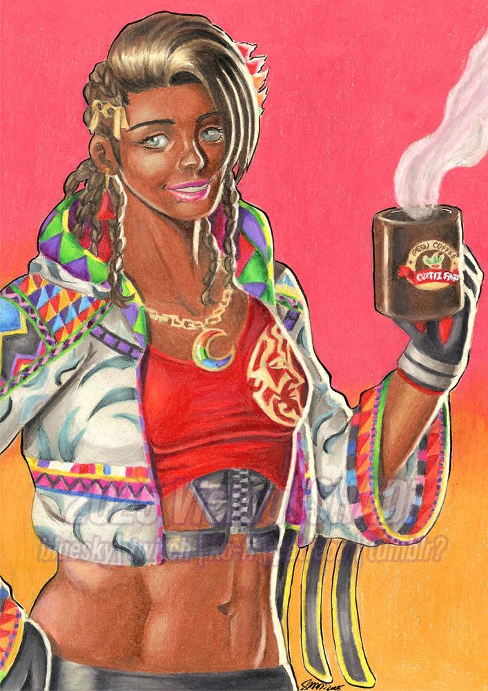 A coloured pencil illustration of Azucena from Tekken. She's got a mug of fresh coffee in her hand. 