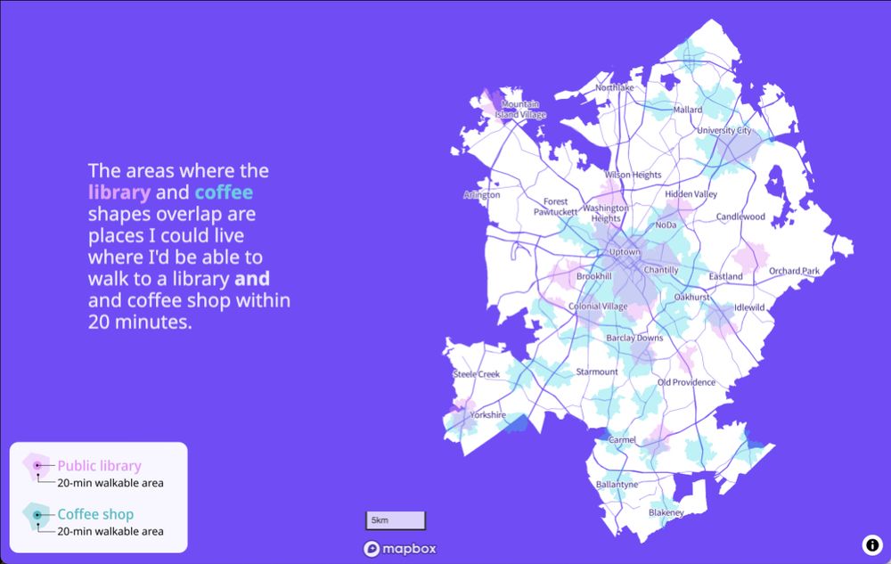 A map of overlapping shapes on a map of Charlotte that depict walkable areas to public libraries and coffee shops. The areas are all over the map but the largest overlaps are in the center city, Uptown Charlotte.