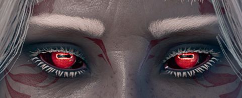 a woman's eyes. she has grey skin, white eyebrows, hair and eyelashes, a red, swirling face tattoo, and red goat eyes with black scleras and a faint glow around her pupils.