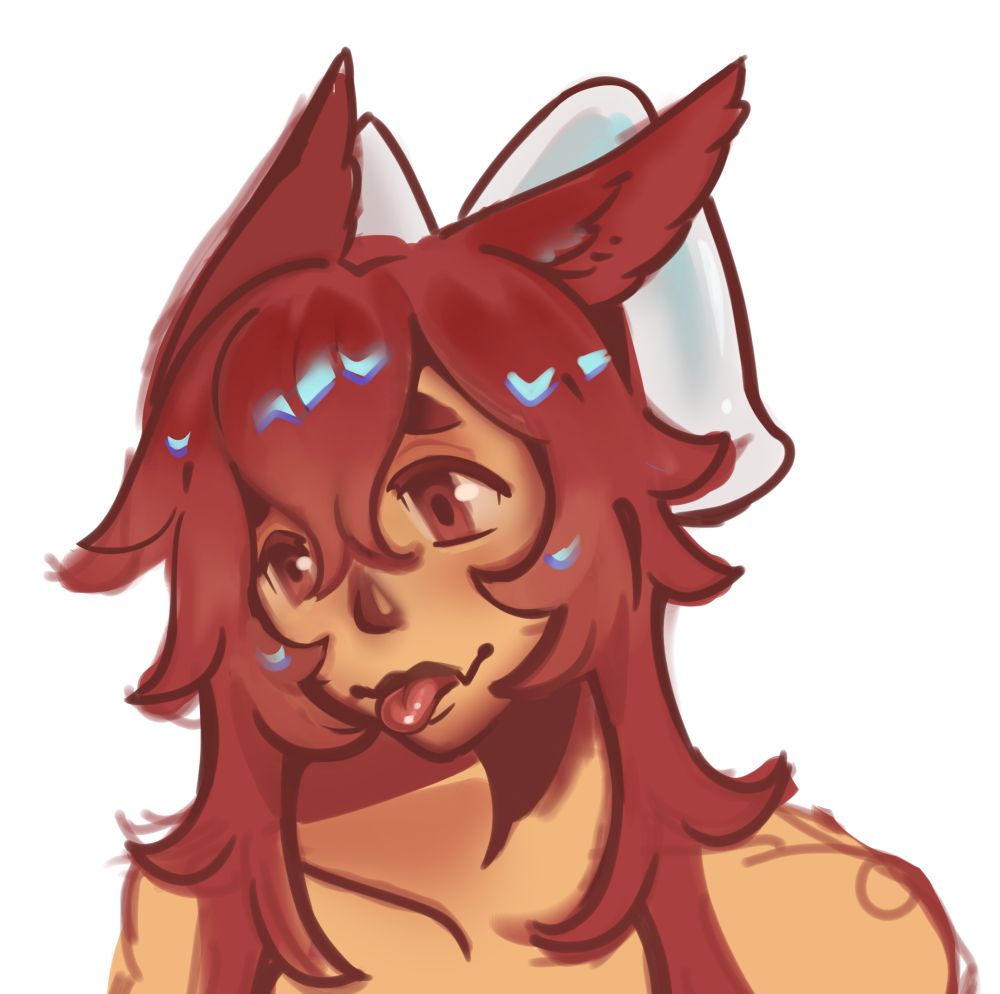 Myrna, a mithra stares vacantly with its tongue out. It is rendered in a painterly style