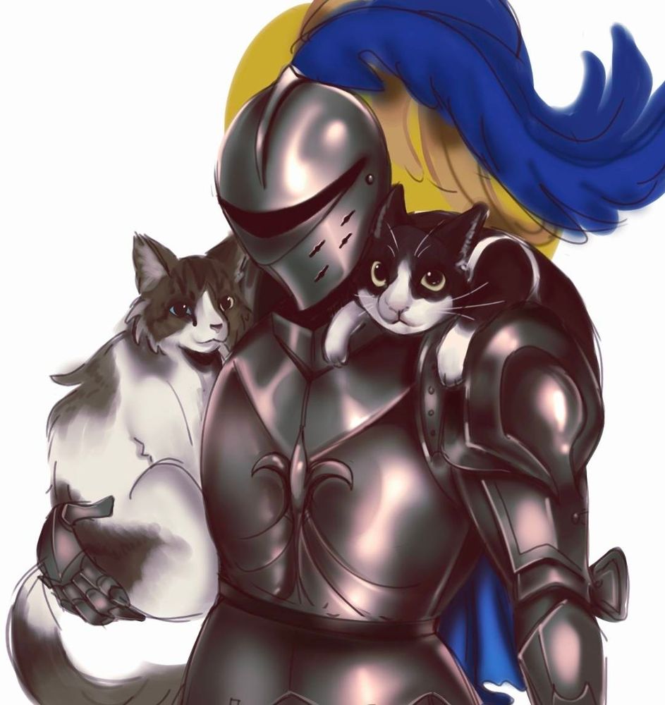 A knight, with blue and yellow plumes and a blue cape holds two cats, a tuxedo and a brown and white cat with heterochromia.