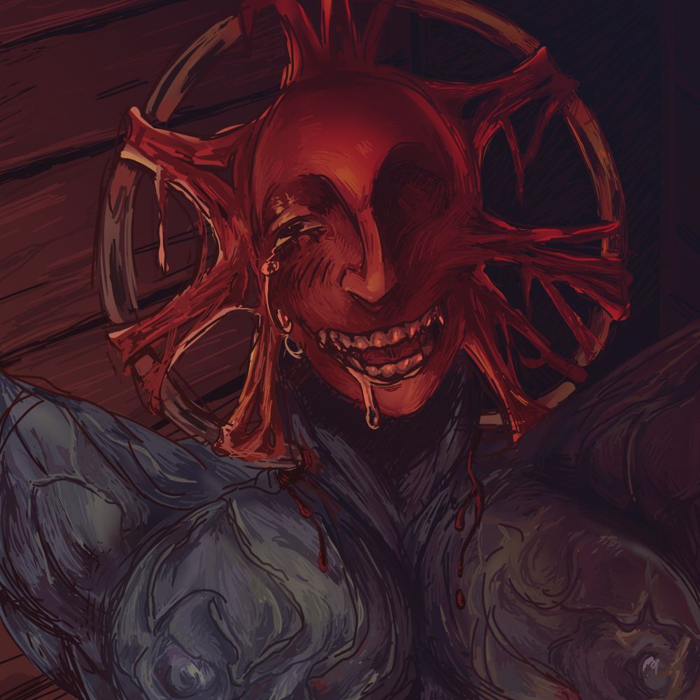 dysmorphia from fear and hunger, she is flayed and smiling with tears and drooling.