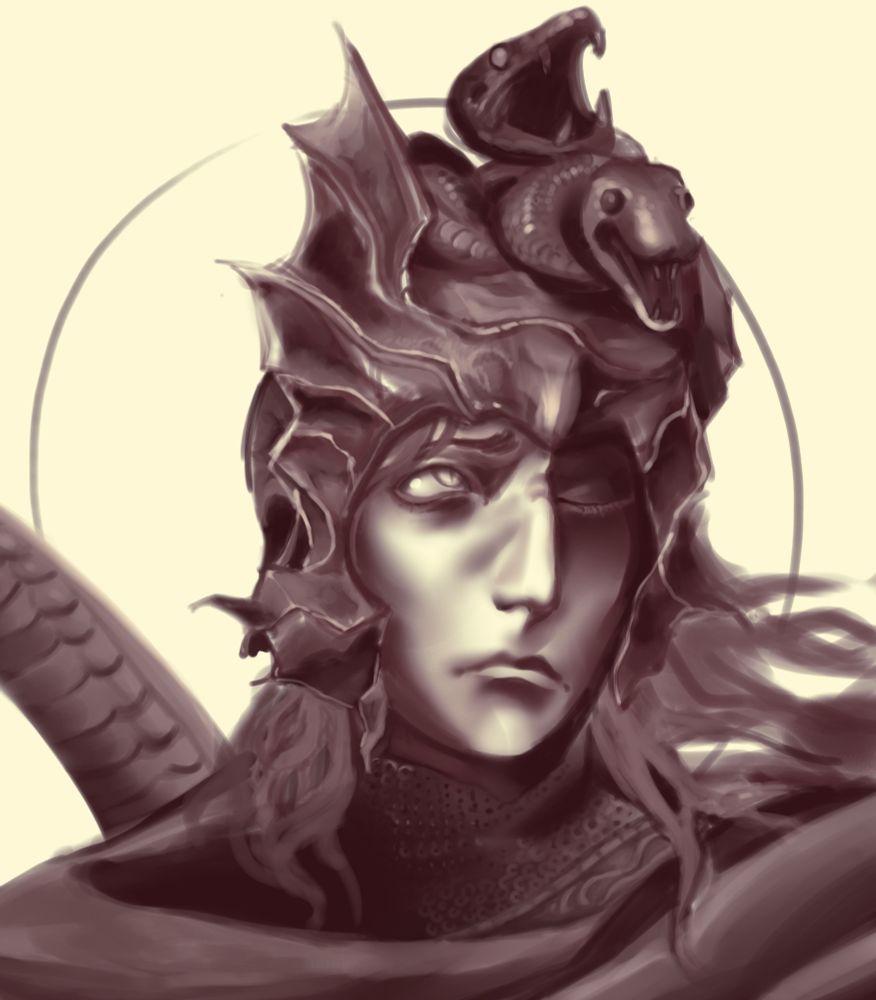 a monotone messmer the impaler painting, he looks up towards something off screen sadly. His face making a cringing expression. 