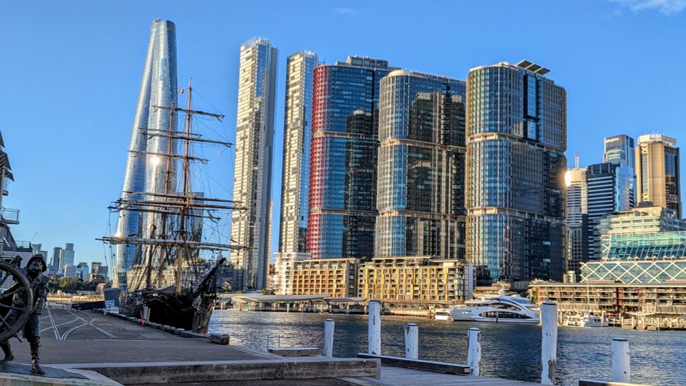 A photo of Darling harbour, in Sydney, with the James Craig tallship in the foreground and the skyline in the background 