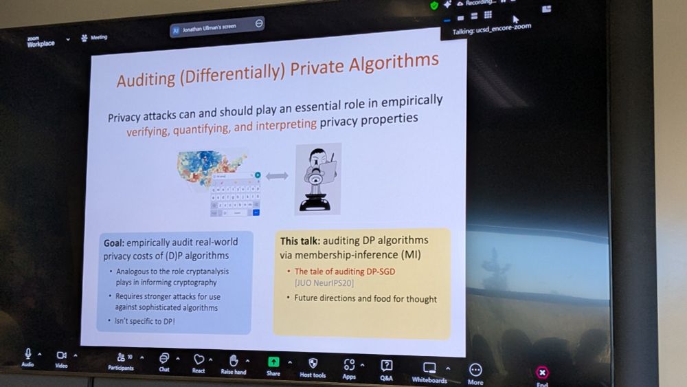 A slide titled "auditing differentially private algorithms"