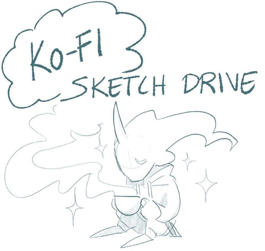 a sketch titled "ko-fi sketch drive" with my sona holding a steaming coffee cup.