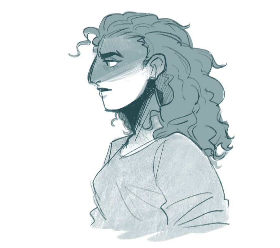 a profile sketch of a woman with dark, curly hair and dark bodypaint on her neck and upper half of her face