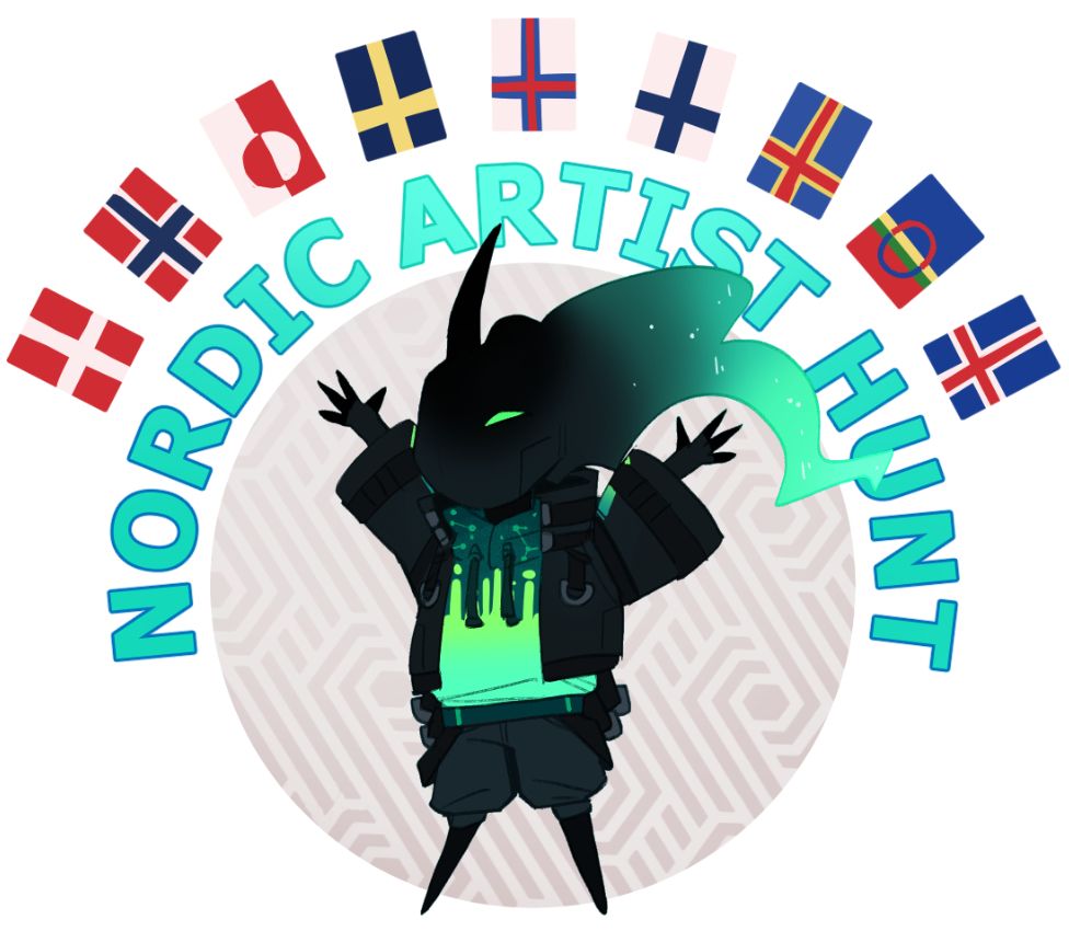 my sona gesturing to an array of Nordic flags with the caption "nordic artist hunt".