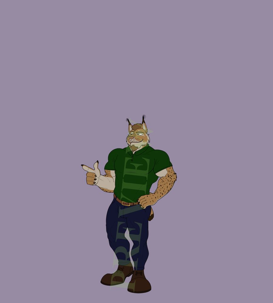 Bruce, a lynx in a green polo and blue khakis. He's smirking and pointing to the left side.