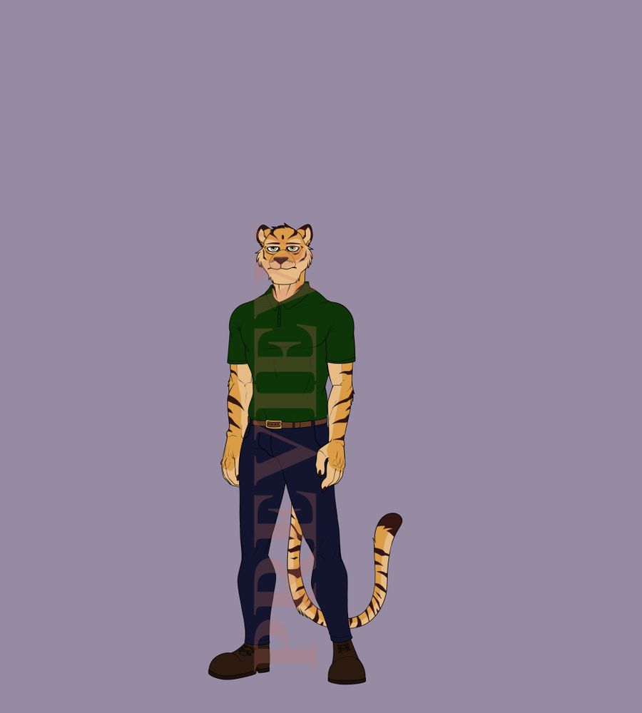 Travis, a tiger wearing a polo and khakis, with his hands by his waist. His demeanor is very tired and apathetic.