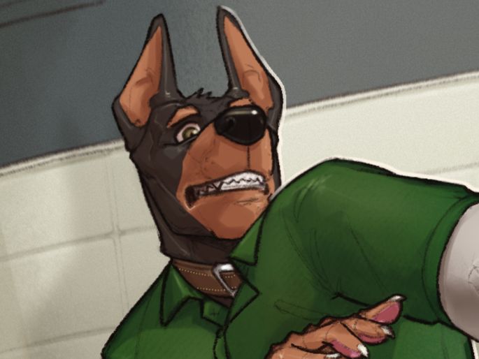 Calvin leaning back towards the wall, aghast at something offscreen. One hand is up at his chest, while the other is reaching towards said thing offscreen.