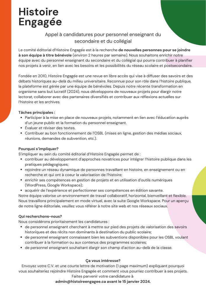 Appel à candidatures pour des profs de secondaires et cegep qui voudraient s'impliquer dans Histoire Engagée.