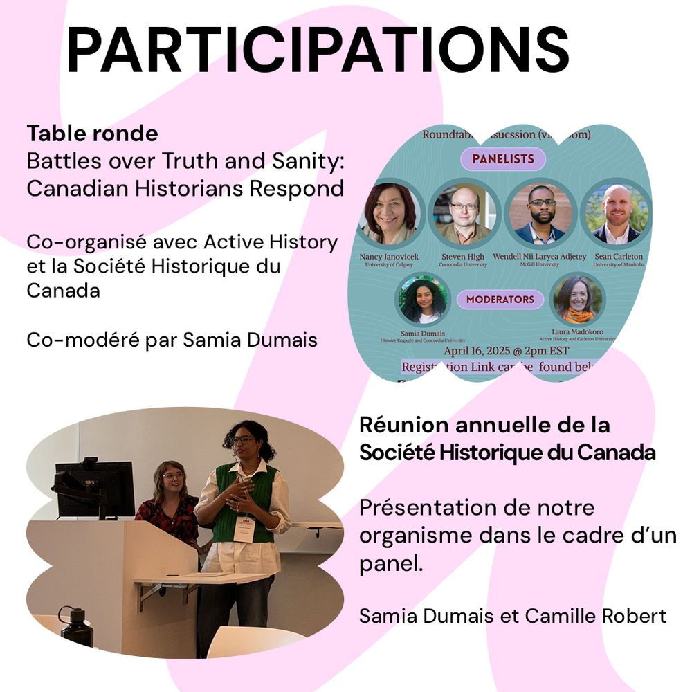 PARTICIPATIONS

Table ronde « Battles over Truth and Sanity: Canadian Historians Respond »
Co-organisé avec Active History et la Société Historique du Canada
Co-modéré par Samia Dumais

Réunion annuelle de la Société Historique du Canada
Présentation de notre organisme dans le cadre d’un panel.
Samia Dumais et Camille Robert