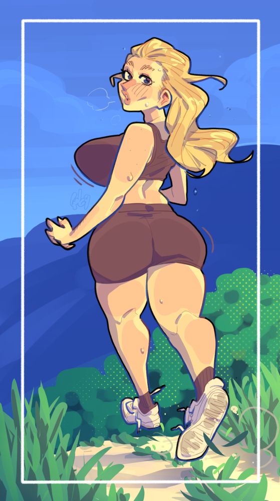A blonde woman in a sport outfit is running down a path with trees and mountains behind her.
Her boobs and butt are bouncing, and she's all red and sweaty from the effort.