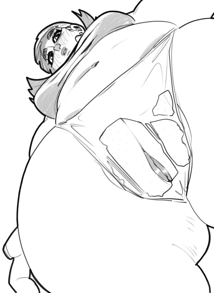 A chubby woman from a very low angle. She's wearing a shirt and ripped panties, thus showing her pussy.